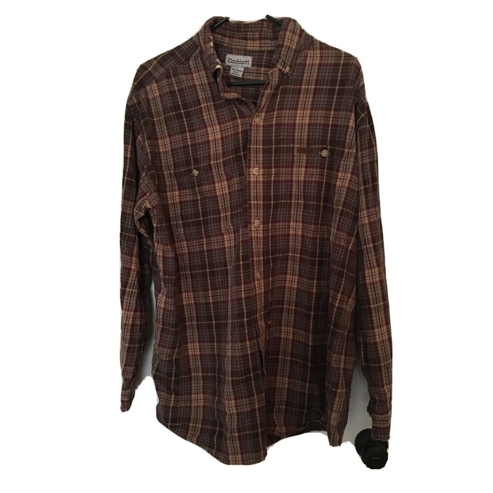 Carhartt Men's Brown Plaid Flannel Long Sleeve Button Down Shirt Size Large